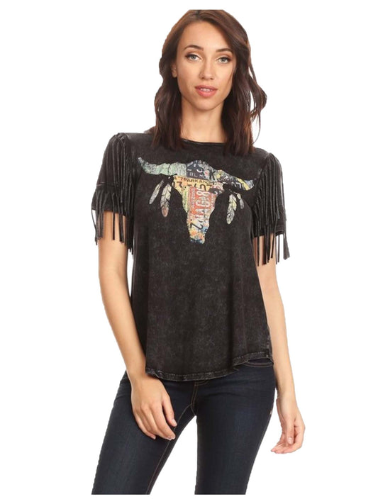 License Plate Bull Skull Fringe Top