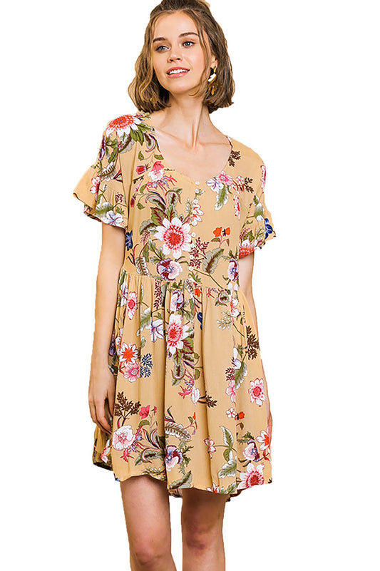 Tropical Floral Print Short Sleeve  Dress with High Low Hem