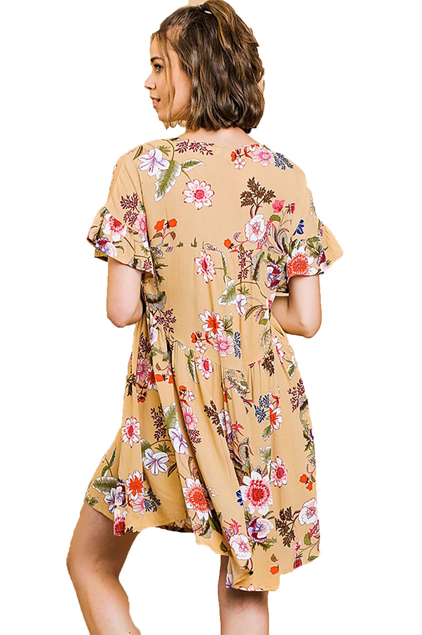 Tropical Floral Print Short Sleeve  Dress with High Low Hem