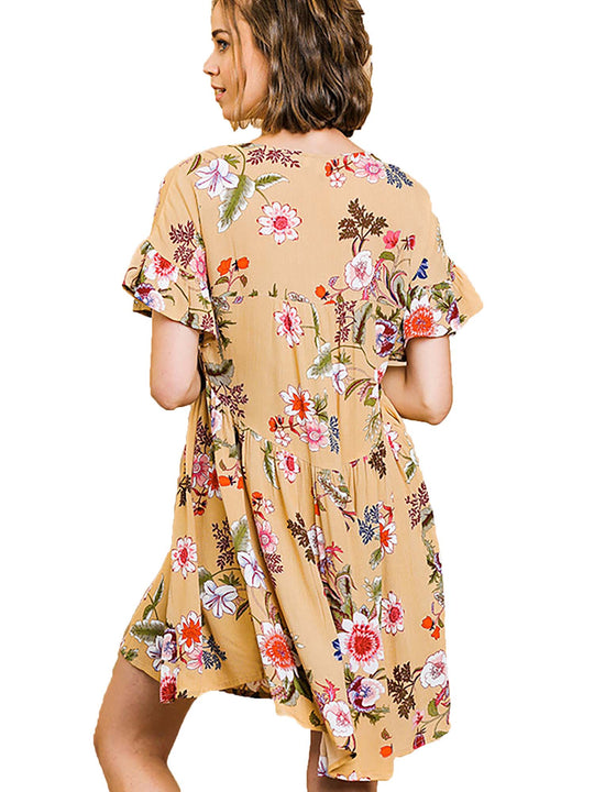 Tropical Floral Print Short Sleeve  Dress with High Low Hem