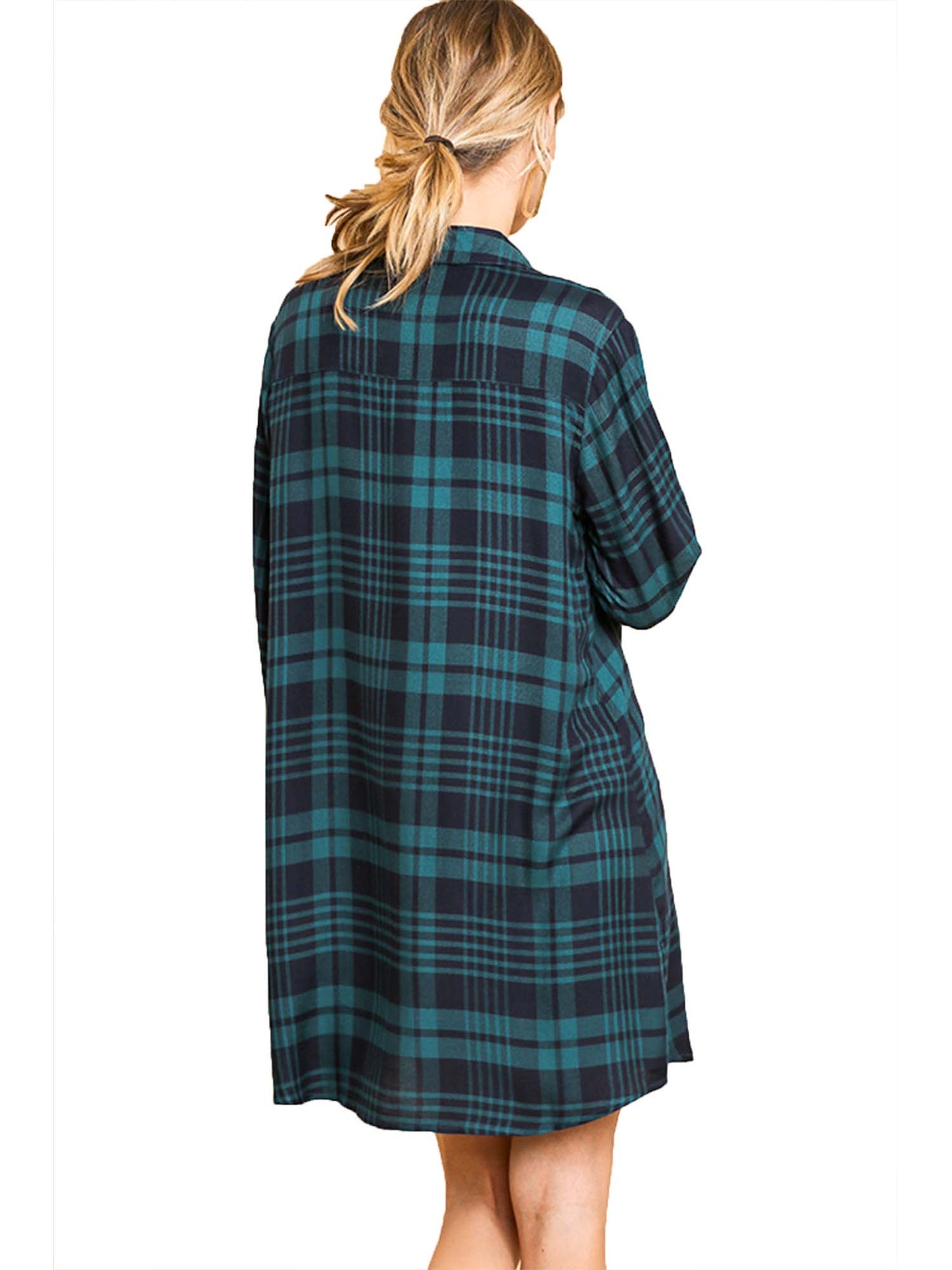Flannel Plaid Print Long Sleeve Button Front Dress Tunic
