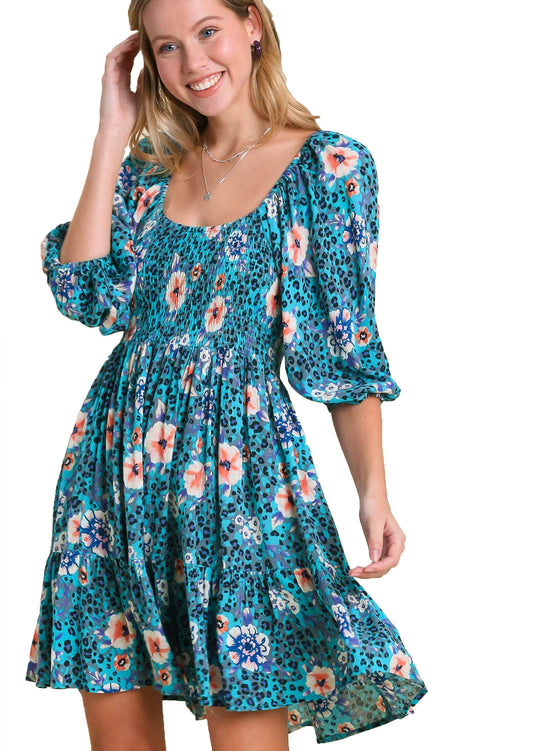 Floral Animal Print Smocked Dress with Puff Sleeves
