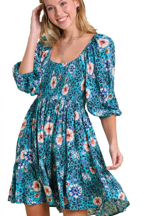 Floral Animal Print Smocked Dress with Puff Sleeves