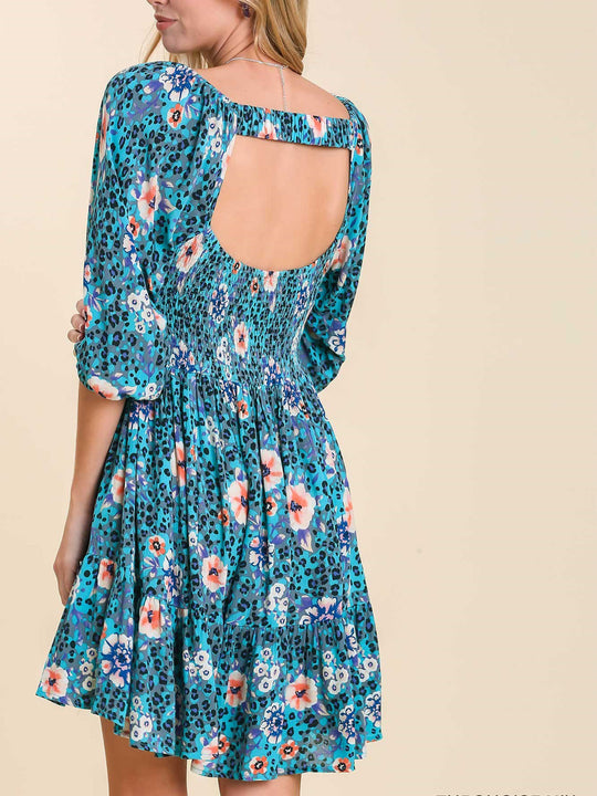 Floral Animal Print Smocked Dress with Puff Sleeves