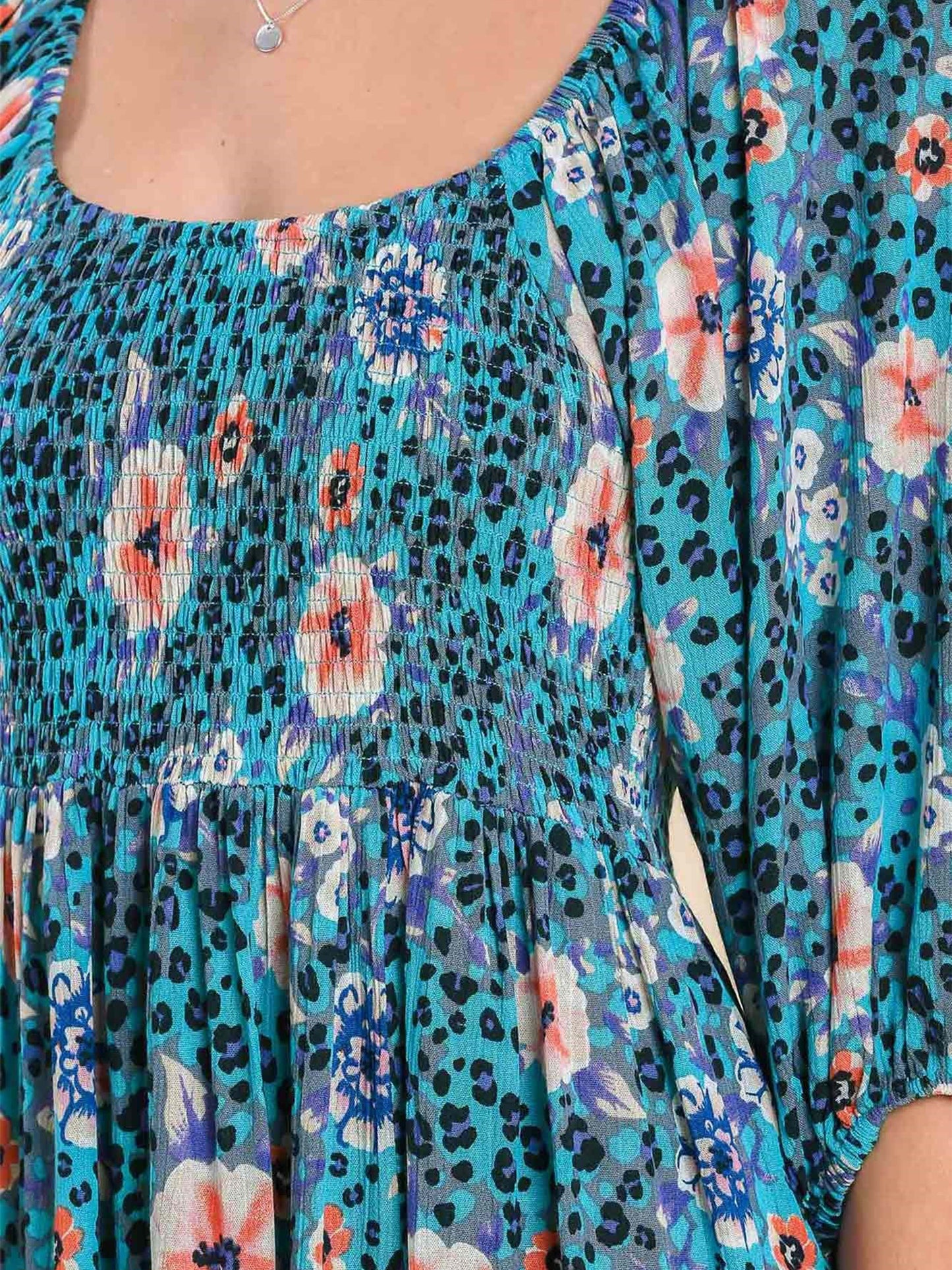 Floral Animal Print Smocked Dress with Puff Sleeves