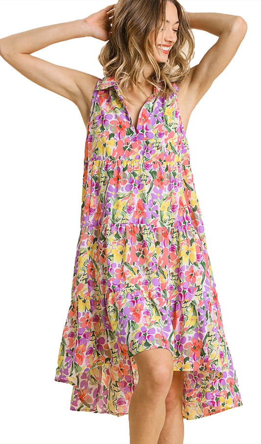Summer Floral Print Sleeveless Tiered Midi Dress with High Low Hem