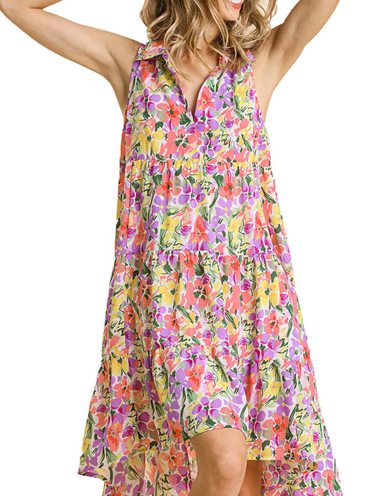 Summer Floral Print Sleeveless Tiered Midi Dress with High Low Hem