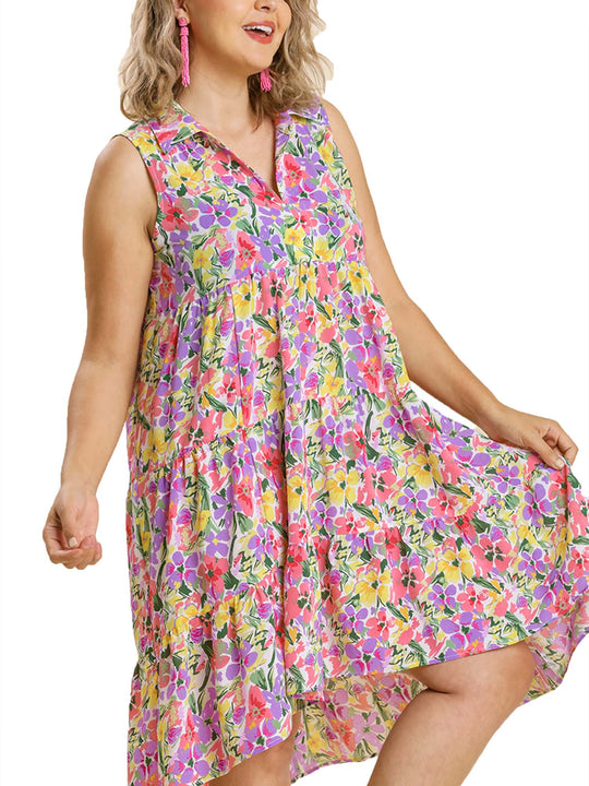 Summer Floral Print Sleeveless Tiered Midi Dress with High Low Hem
