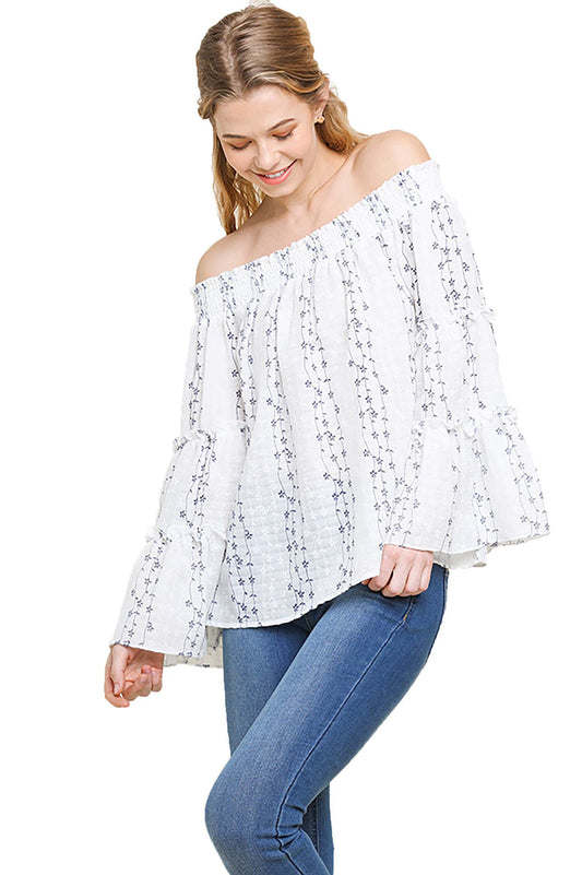 Floral Embroidered Smocked Off Shoulder Top