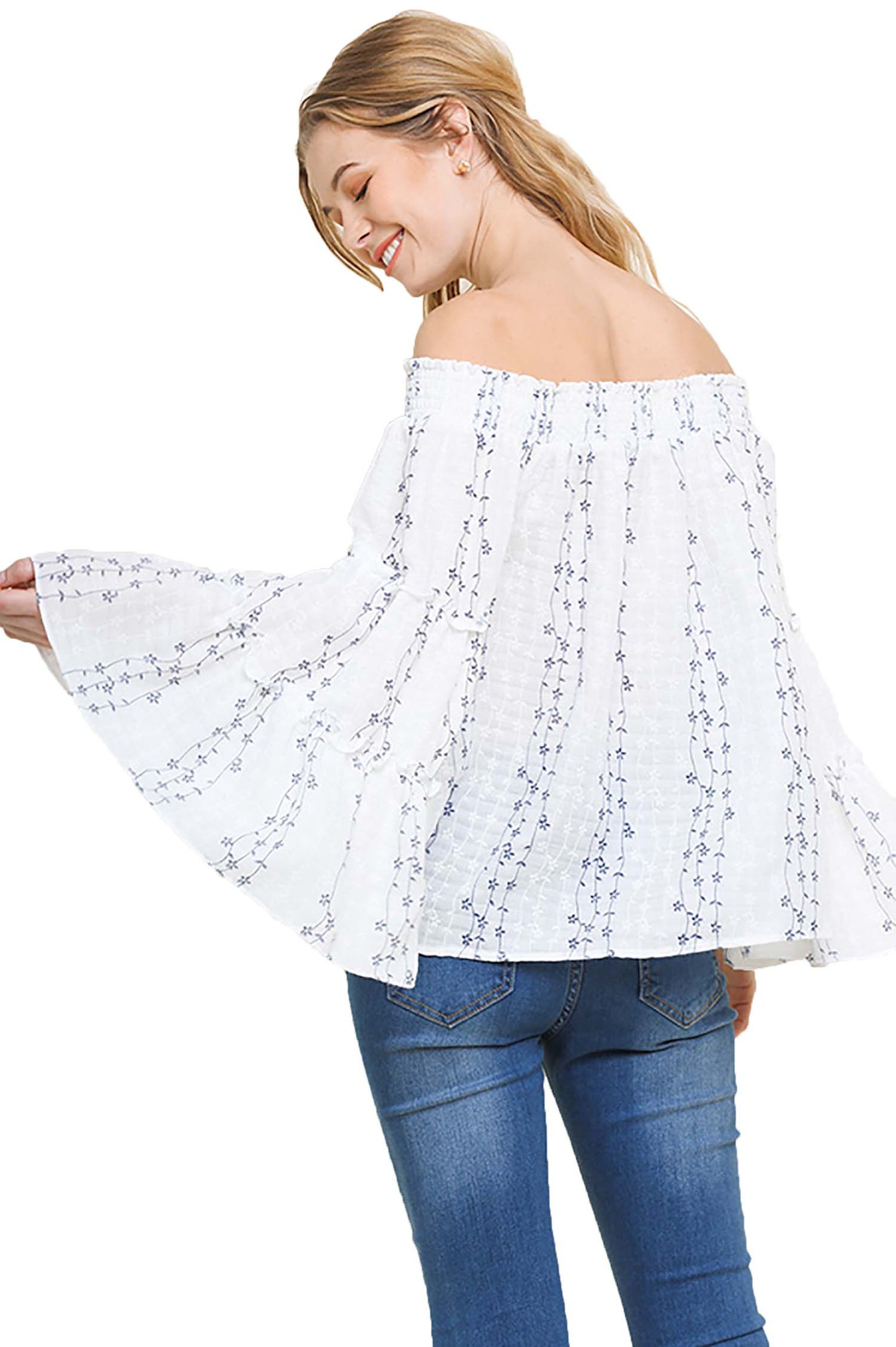 Floral Embroidered Smocked Off Shoulder Top