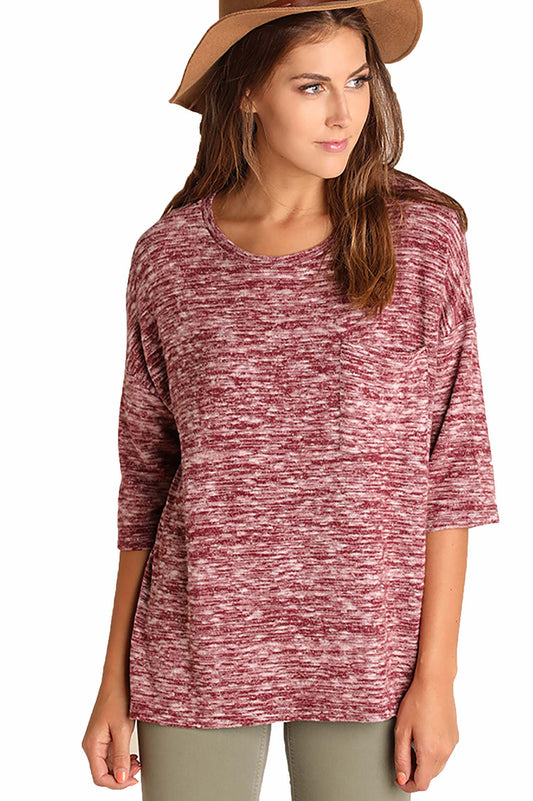 Super Soft Fuzzy Marled top with a Pocket and Split Hem