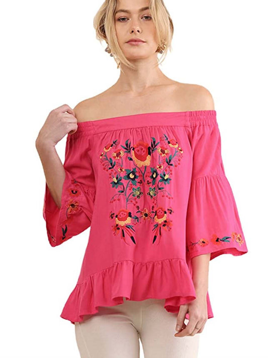 Off Shoulder Top with Floral Embroidery