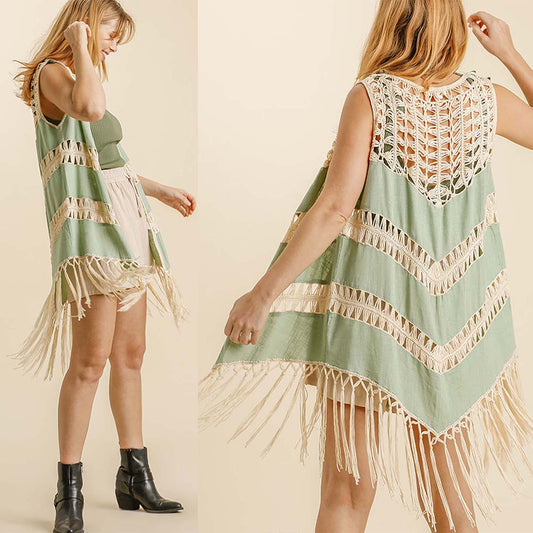 Crochet ]Open Front Duster Vest with Tassel Hem