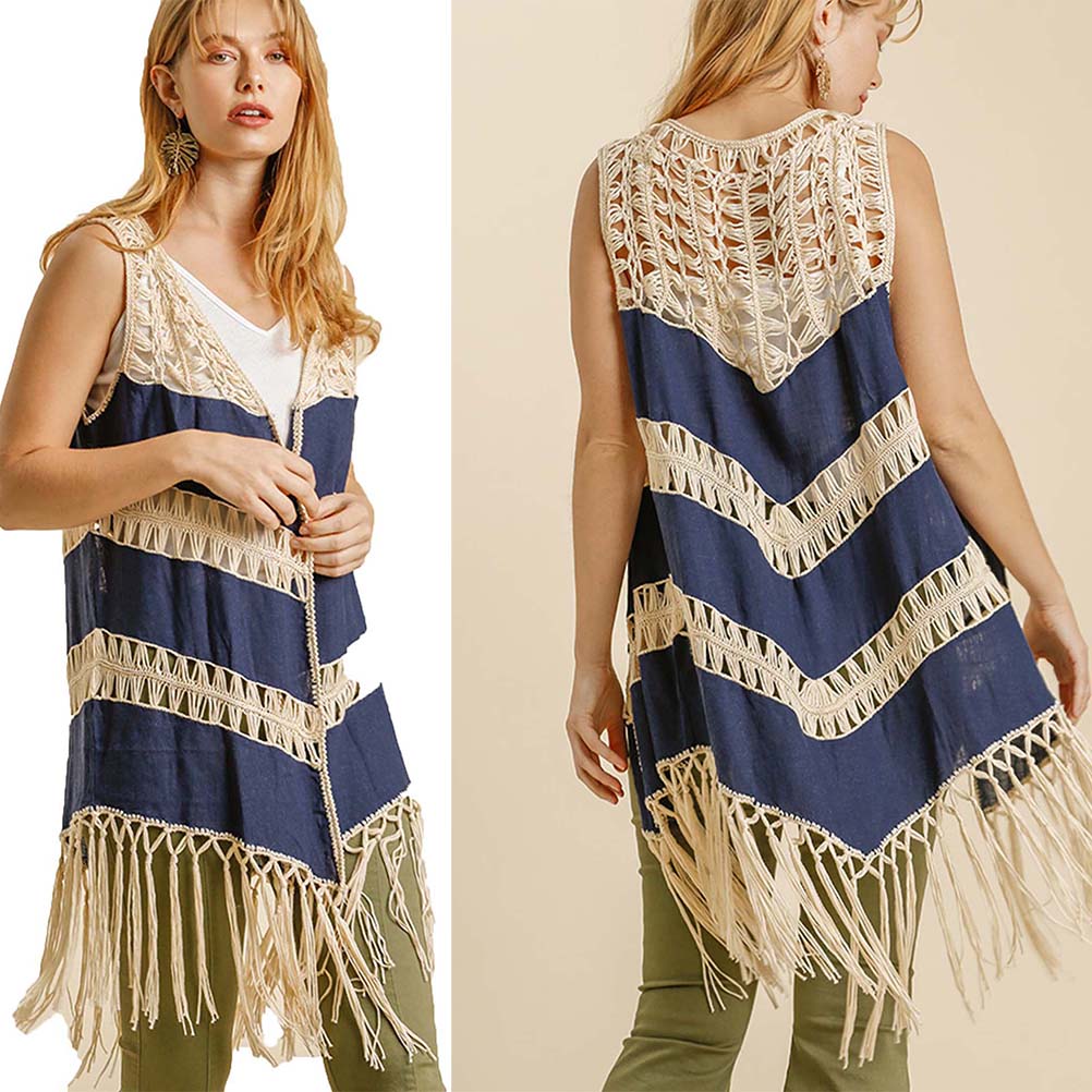 Crochet ]Open Front Duster Vest with Tassel Hem