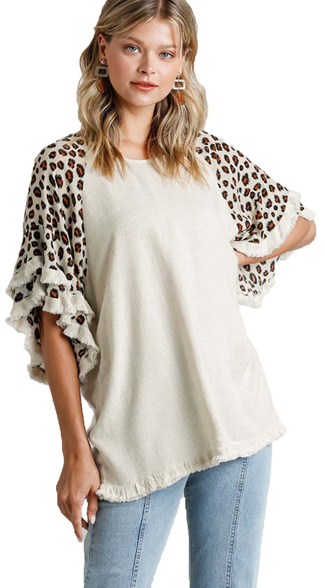 Animal Print Layered Bell Sleeve Tunic Top