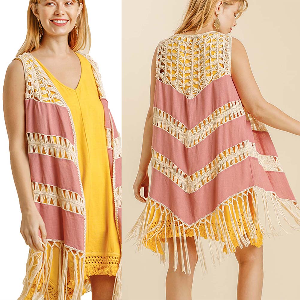 Crochet ]Open Front Duster Vest with Tassel Hem