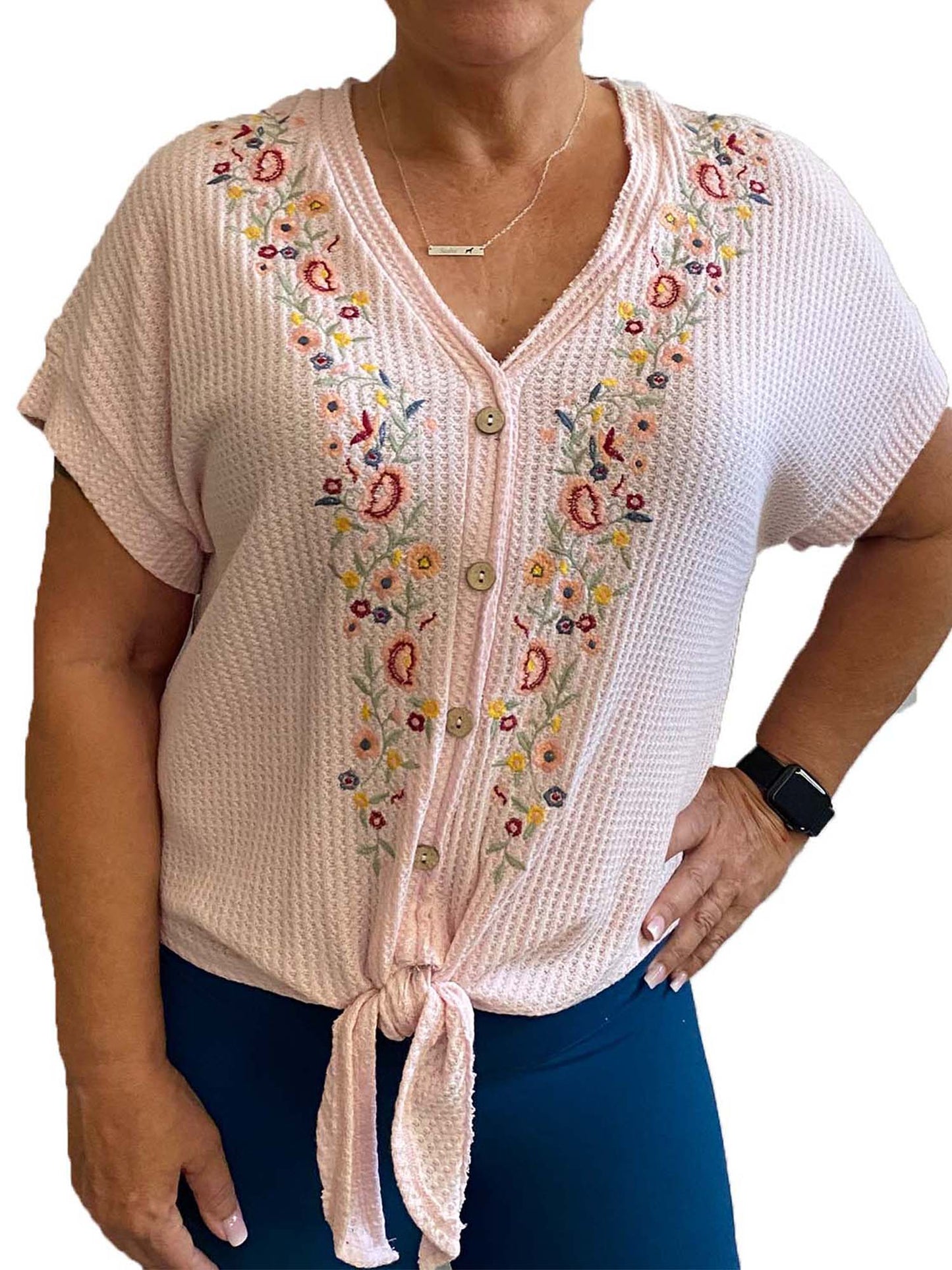Floral Embroidered Waffle Knit with a Front tie top