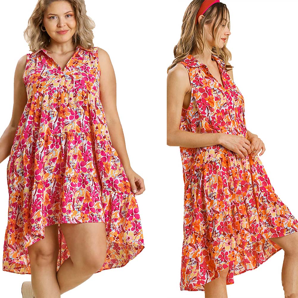 Summer Floral Print Sleeveless Tiered Midi Dress with High Low Hem