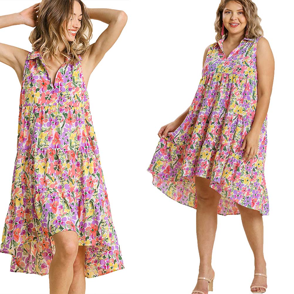 Summer Floral Print Sleeveless Tiered Midi Dress with High Low Hem