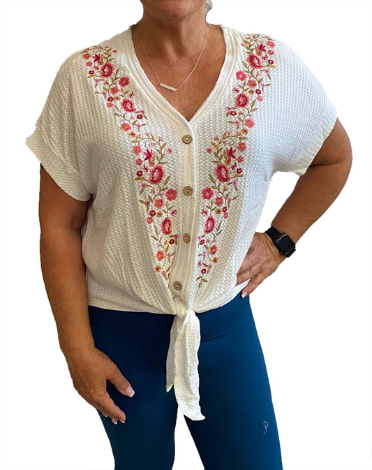Floral Embroidered Waffle Knit with a Front tie top